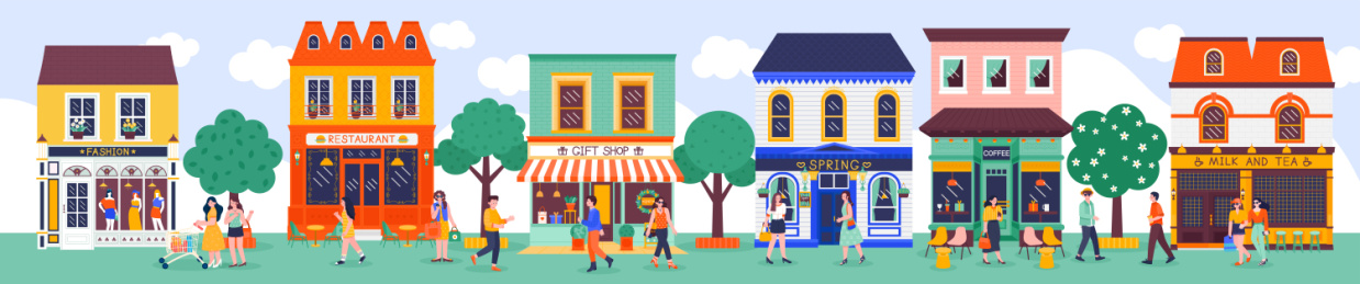 热闹潮流的大街上一群人在逛街购物矢量插画