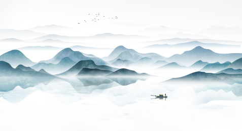 大气蓝色意境山水画