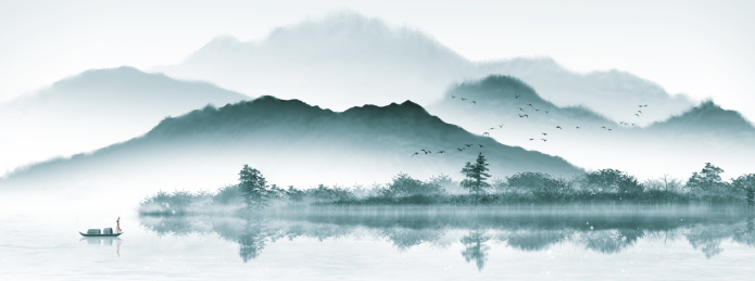 大气蓝色意境山水画
