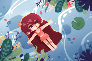 一个小姑娘躺在水面上张开双手