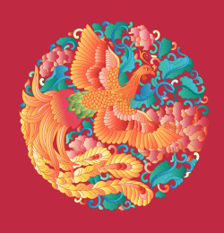 传统的彩色圆形凤凰花纹图案红色背景