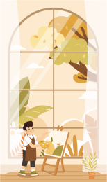 小孩秋天在家画画