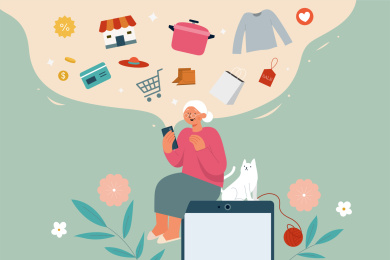 使用平板在线购物的老年夫妻