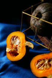 多种南瓜放置在蓝色的桌布上