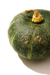 多种南瓜放置在蓝色的桌布上