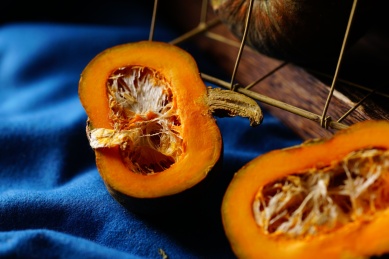 多种南瓜放置在蓝色的桌布上