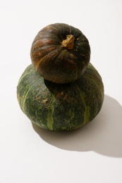 多种南瓜放置在蓝色的桌布上