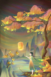 中元节放灯笼的女孩手绘插画