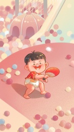 穿尿不湿的男宝宝在游乐场用扇子当球拍打球