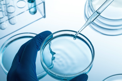 实验桌上手持培养皿和滴管的特写