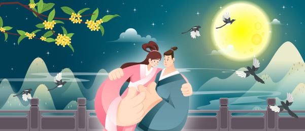 七夕节牛郎织女相会古风宽屏矢量插画