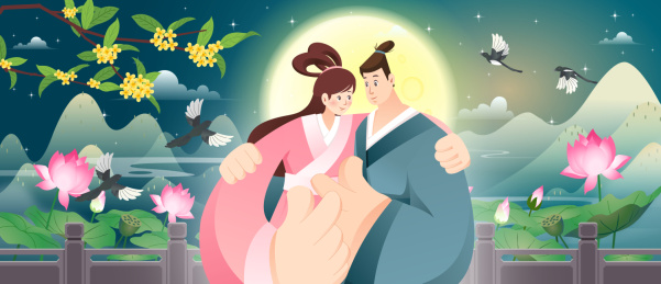 牛郎织女乞巧节相会古风宽屏矢量插画