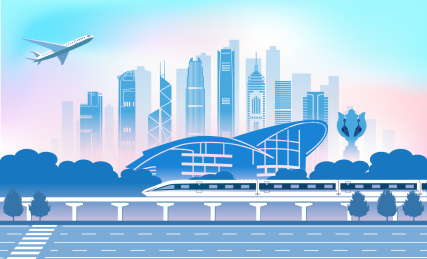 中国香港城市旅游交通商务插画蓝色