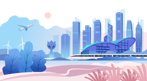 中国香港城市建筑剪影矢量插画粉色