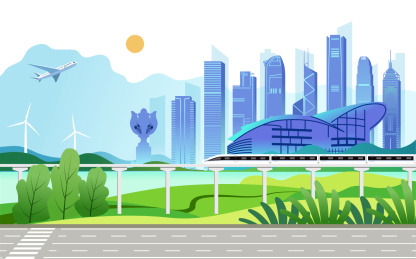中国香港城市建筑剪影矢量插画蓝色