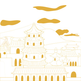 中国古代楼阁建筑金色线描