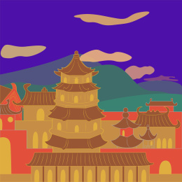 夜间的中国古代楼阁建筑