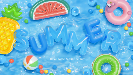 三维夏日英文字母气球与造型泳圈浮在泳池上