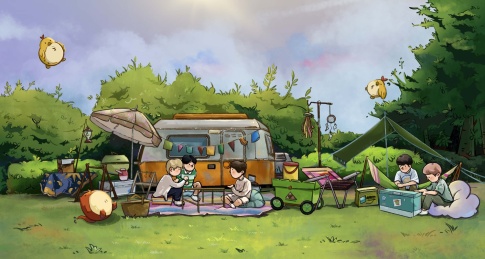 男孩们找了一片绿色的草坪开始野营