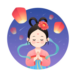 一个双手合十的汉服女孩和天灯等插画