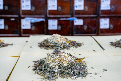 中药店的药剂师正在配药材