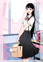 开学穿着校服的女学生拿着书包站教室窗边