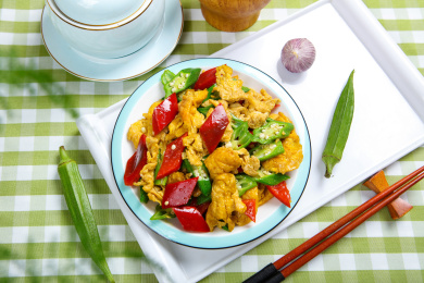 中餐美食特色菜小炒秋葵鸡蛋