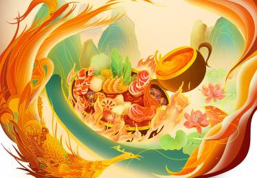 中国风火锅美味美食促销场景手绘插画