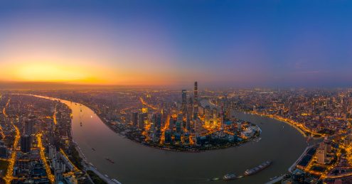 航拍上海城市天际线黄浦江全景
