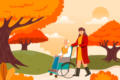 用轮椅推老人散步矢量插画