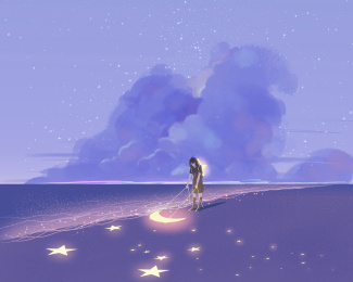 原创唯美意境二次元漫画海边寻星星的女孩