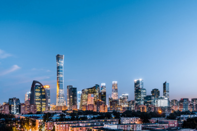 中国北京国贸CBD建筑群高视角夜景