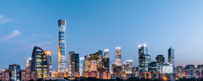 中国北京国贸CBD建筑群高视角夜景