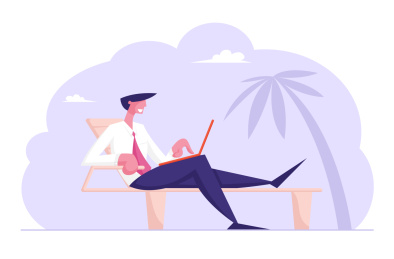 海边户外躺椅上办公的上班族插图