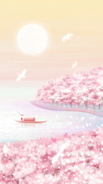 樱花海岸日出出海打渔插画海报
