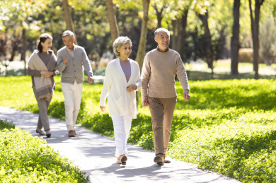 幸福的老年人在公园散步