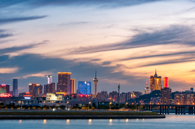 中国澳门天际线城市风光晚霞夜景