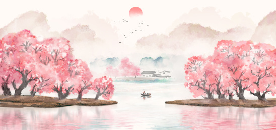 春天江南人家桃树诗意水彩山水画