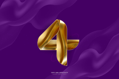 紫色背景金色肌理立体数字4质感创意海报