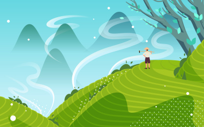 梯田风景农村田园插画农田茶园收获季节海报