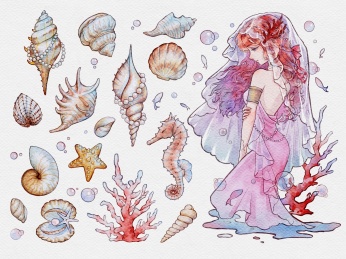 梦幻海洋主题海螺贝壳珊瑚女孩插画