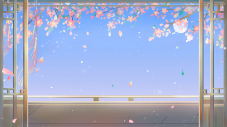 古风桃花庭院窗边唯美蓝色插画背景