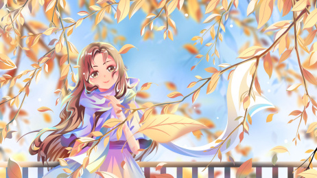 秋季动漫风二次元秋日树林中的美少女插画
