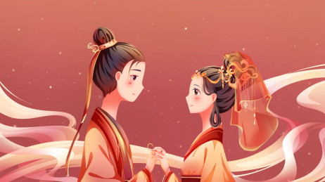 手绘婚礼中国风唯美浪漫卡通人物插画海报