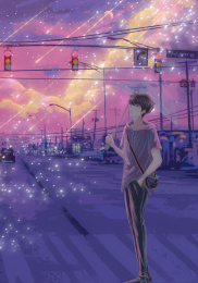 少年在夕阳下的街道漫步