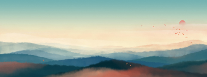 彩色国风水墨山水画风景画