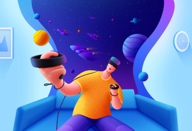 男子坐在沙发上玩虚拟游戏