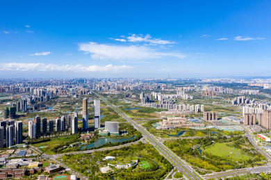 中国四川成都天府新区天府大道天府公园航拍图