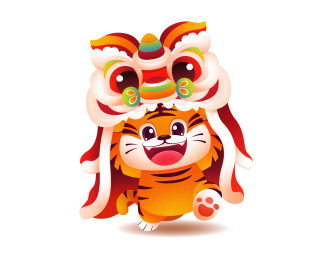 卡通老虎贺新春舞狮矢量插画