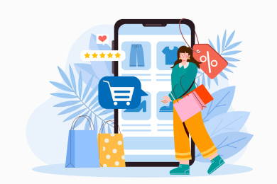 网上购物的女孩矢量插画